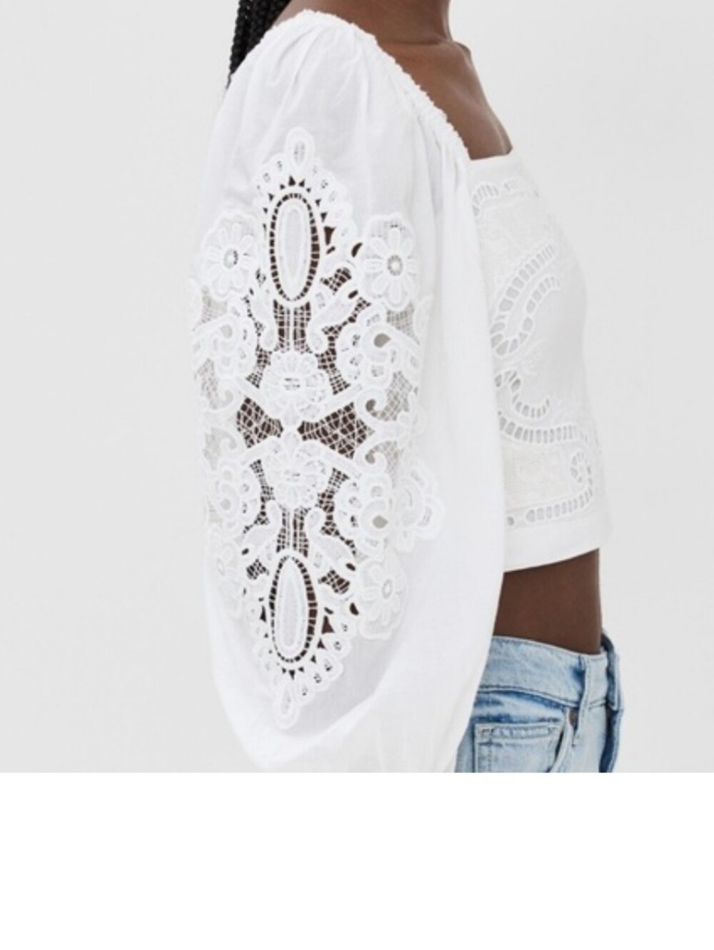 Farm Rio White Embroidered Puff-Sleeve Crop Top Size M
